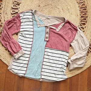 BiBi Colorblock Long Sleeve Top - Red, Blue, Beige